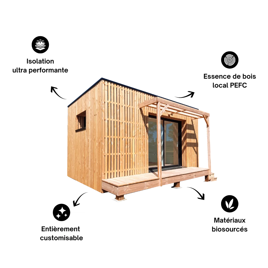 Studio de jardin PermaKub à Saint-Grégoire, isolation ultra performante, essence de bois local PEFC, Entièrement customisable, Matériaux biosourcés.